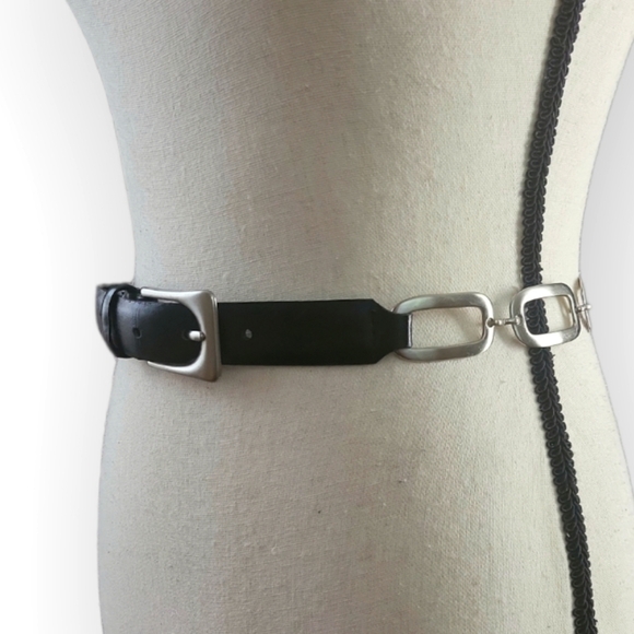 Black Leather Brushed Nickel Silvertone Chain Link Belt - Picture 1 of 6